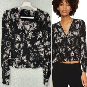 The Kooples Black Ghost Flower Crepe Button Front Peplum Top Size 1 Small